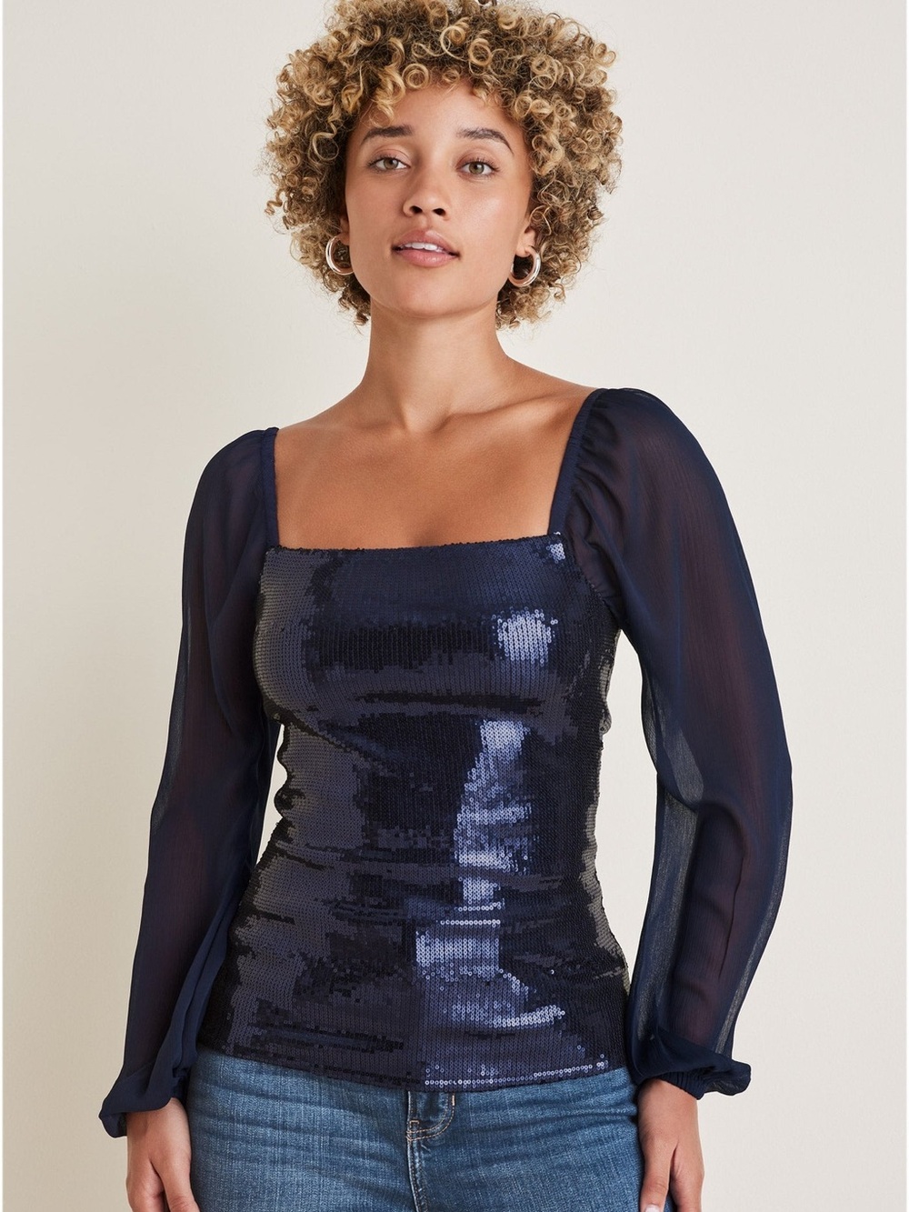 VENUS Navy Opulent Sequin Blouse with Sheer Long Sleeves